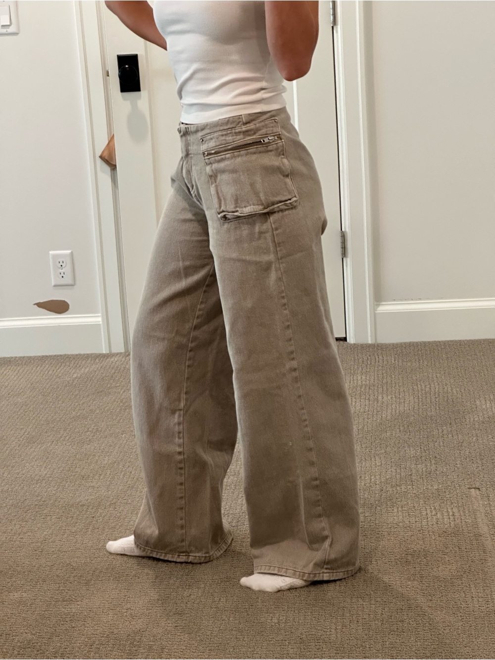 Princess Polly Taupe Wide Leg Carpenter Jeans High Rise Utility Pants